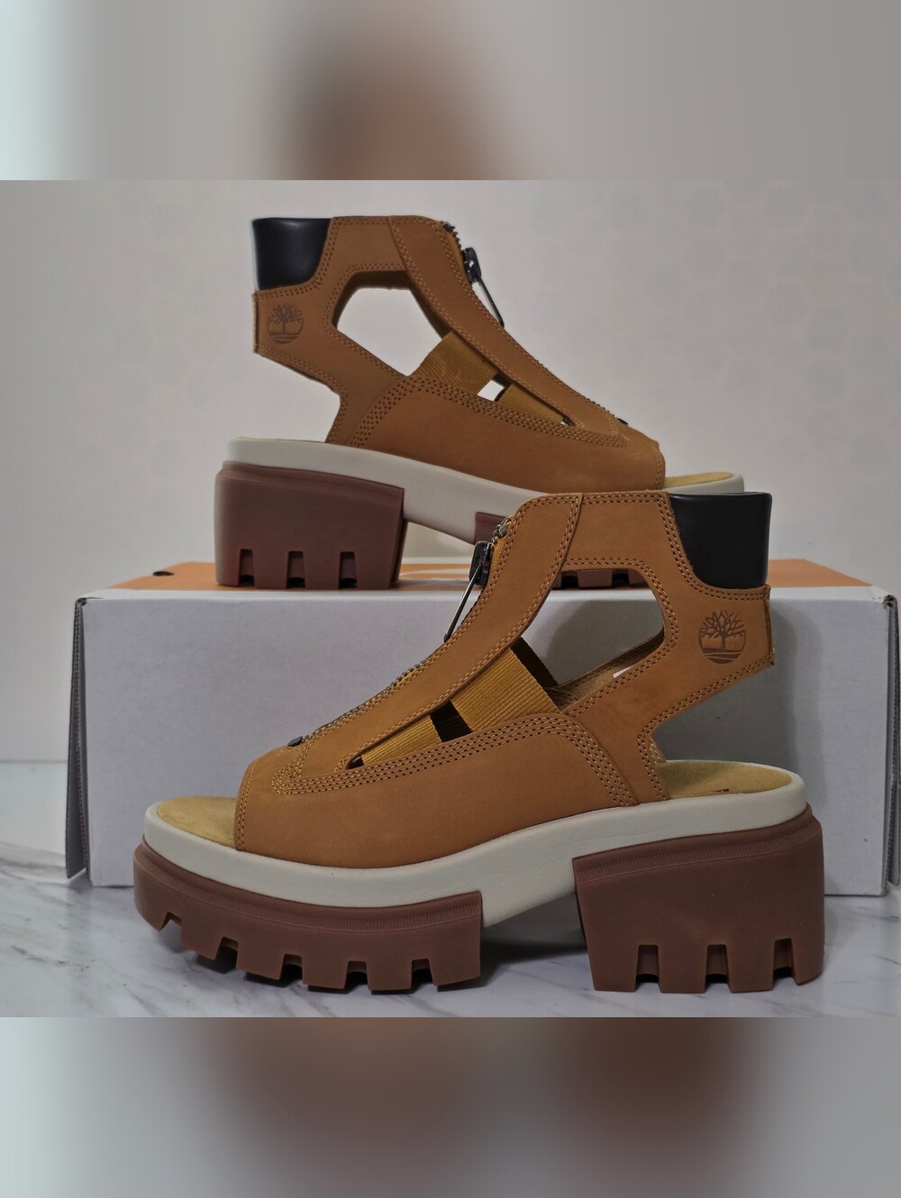 Timberland Women's Brown Cutout Platform Sandals with Black Heel Collar